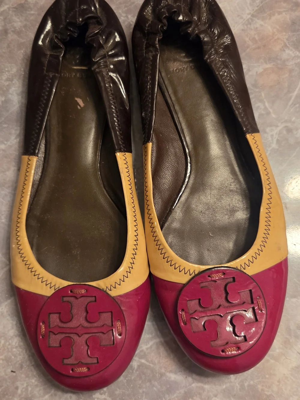 Tory Burch Red, Yellow And Brown Patent Leather Ballet Flats